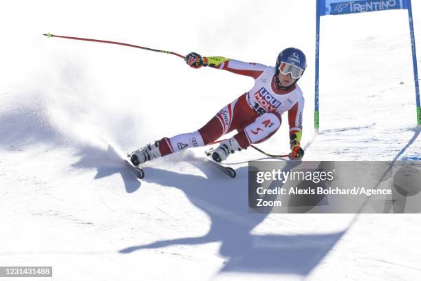 Christine Scheyer of Austria in action during the Audi FIS Alpine Ski World Cup Women's Super Giant Slalom on February 28, 2021 in Val di Fassa,...