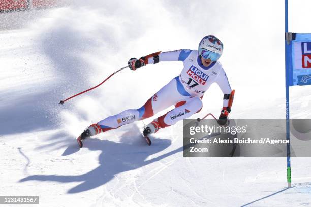 Michelle Gisin of Switzerland in action during the Audi FIS Alpine Ski World Cup Women's Super Giant Slalom on February 28, 2021 in Val di Fassa,...