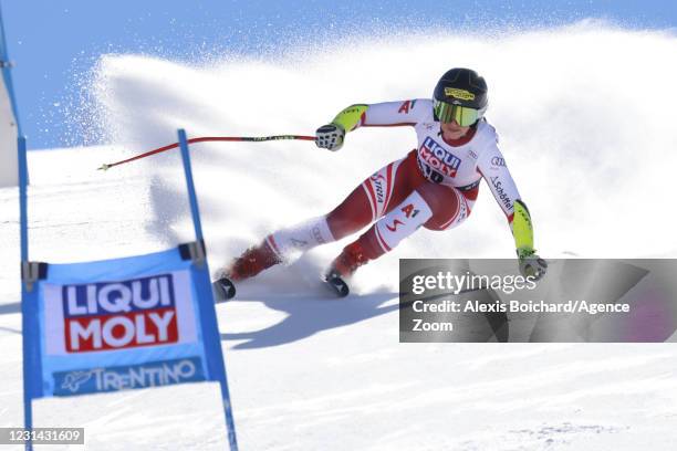 Stephanie Venier of Austria in action during the Audi FIS Alpine Ski World Cup Women's Super Giant Slalom on February 28, 2021 in Val di Fassa, Italy.