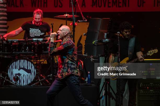 Peter Garrett, Rob Hirst and new bass player at Midnight Oil's first Makarrata Live show at Sirromet Winery on February 28, 2021 in Brisbane,...