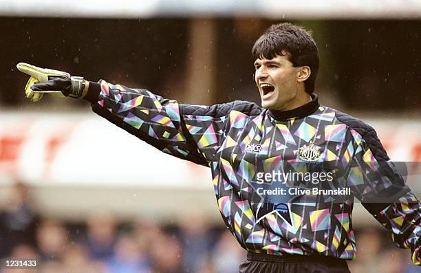 Newcastle United goalkeeper Pavel Srnicek directs his team mates during an FA Carling Premiership match against Leeds United at St James'' Park in...
