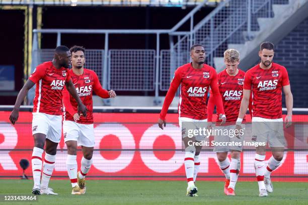 Myron Boadu of AZ Alkmaar celebrates 1-1 with Bruno Martins Indi of AZ Alkmaar, Pantelis Hatzidiakos of AZ Alkmaar, Albert Gudmundsson of AZ Alkmaar...