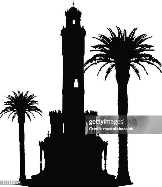 glockenturm von izmir silhouette - turmuhr stock-grafiken, -clipart, -cartoons und -symbole