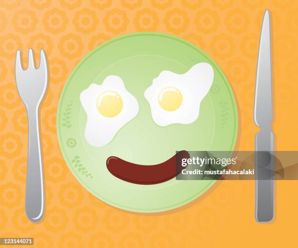 happy breakfast plate - fried egg stock illustrations