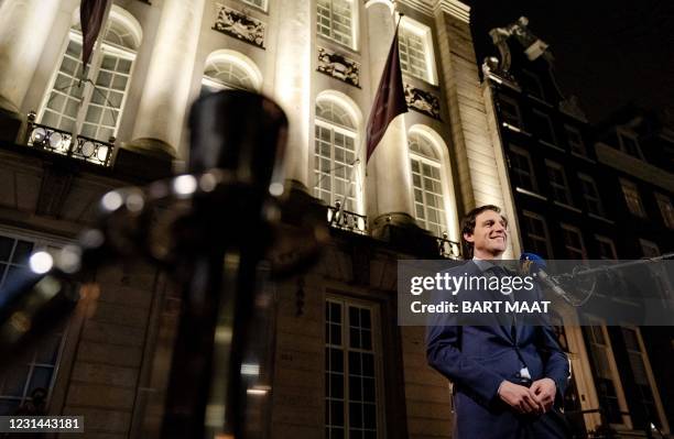 Leader of the Christian Democrats party CDA Wopke Hoestra, speaks to the media prior to the RTL election debate in Amsterdam, on February 28, 2021. -...