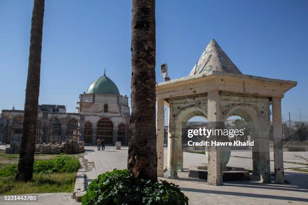 View of the Al-Nuri mosque under reconstruction on February 23, 2021 in Mosul, Iraq. Almost four years after the liberation of Mosul, the Al-Nuri...