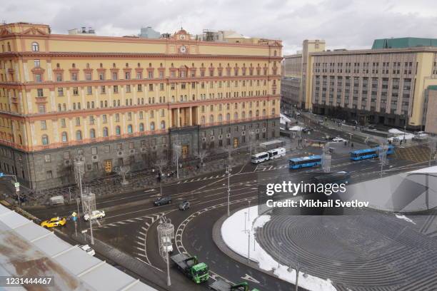 View of Lubyanka square and the buildings of FSB on February 28, 2021 in Moscow, Russia. Moscow's Mayor Sergei Sobyanin scrapped a vote to return the...