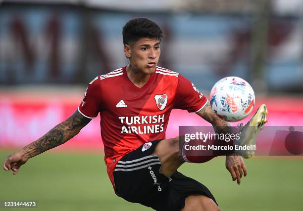 Jorge Carrascal of River Plate controls the ball during a match between Platense and River Plate as part of Copa De La Liga Profesional 2021 at...