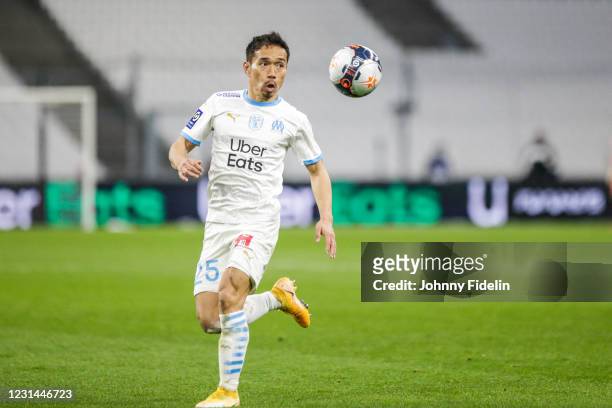 Yuto NAGATOMO of Marseille during the Ligue 1 match between Olympique Marseille and Lyon at Stade Orange Velodrome on February 28, 2021 in Marseille,...