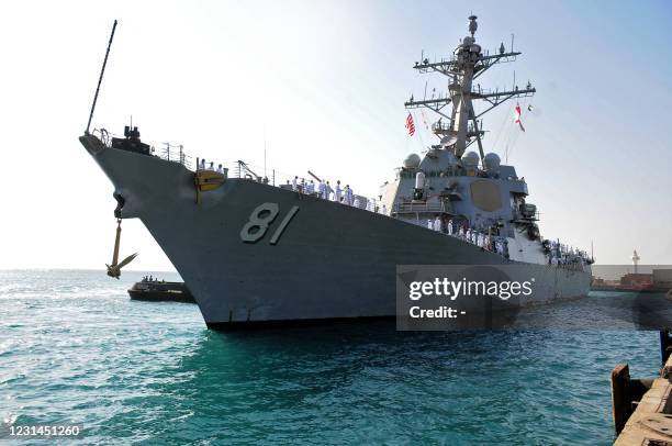 This picture taken on March 1, 2021 shows a view of the US Navy guided-missile destroyer USS Winston S. Churchill , part of Destroyer Squadron 2,...