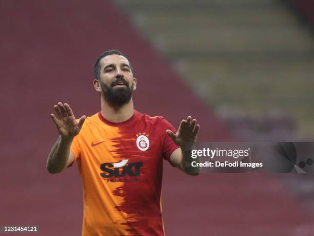 Arda Turan of Galatasaray gestures during the Super Lig match between Galatasaray SK and BB Erzurumspor on February 27, 2021 in Istanbul, Turkey.