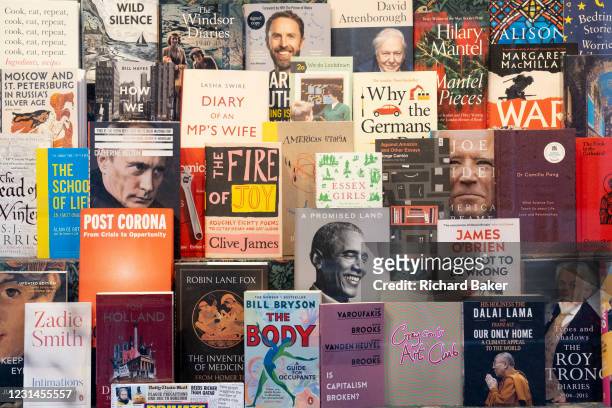 Some of the many best-selling non-fiction book titles are well-presented in the window of Daunt Books on Cheapside in the City of London, the...