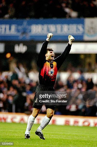 Newcastle United goalkeeper Pavel Srnicek celebrates during an FA Carling Premiership match against Manchester United at St James'' Park in...