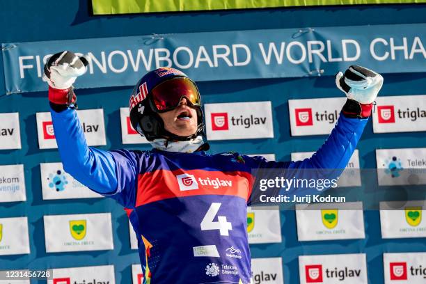 Roland Fischnaller of Italy reacts during the Men's parallel giant slalom at the FIS Snowboard Alpine World Championships on March 1, 2021 in Rogla,...