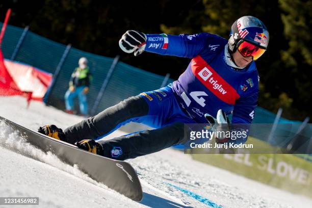 Roland Fischnaller of Italy during the Men's parallel giant slalom at the FIS Snowboard Alpine World Championships on March 1, 2021 in Rogla,...