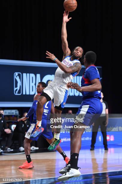 Zavier Simpson of the Oklahoma City Blue shoots the ball against the Long Island Nets on March 1, 2021 at AdventHealth Arena in Orlando, Florida....