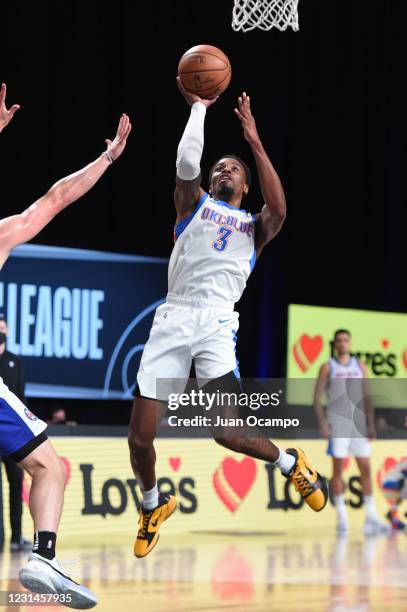 Antonius Cleveland of the Oklahoma City Blue goes to the basket against the Long Island Nets on March 1, 2021 at AdventHealth Arena in Orlando,...