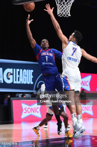 Reggie Perry of the Long Island Nets goes to the basket against the Oklahoma City Blue on March 1, 2021 at AdventHealth Arena in Orlando, Florida....