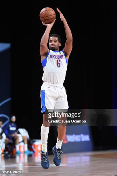 Phil Booth of the Oklahoma City Blue shoots the ball against the Long Island Nets on March 1, 2021 at AdventHealth Arena in Orlando, Florida. NOTE TO...