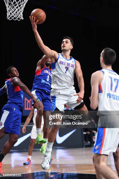 Omer Yurtseven of the Oklahoma City Blue goes to the basket against the Long Island Nets on March 1, 2021 at AdventHealth Arena in Orlando, Florida....