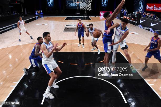 Ryan Woolridge of the Oklahoma City Blue passes the ball against the Long Island Nets on March 1, 2021 at AdventHealth Arena in Orlando, Florida....