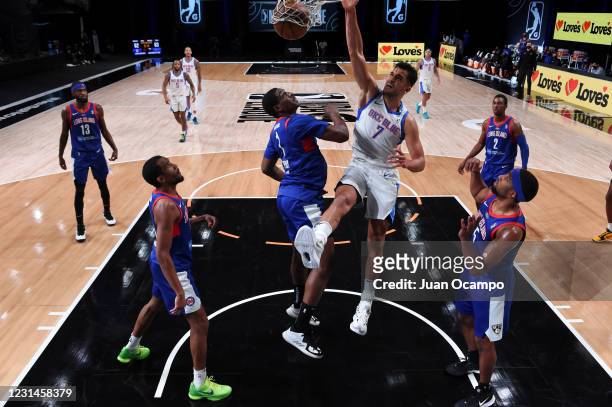 Omer Yurtseven of the Oklahoma City Blue dunks the ball against the Long Island Nets on March 1, 2021 at AdventHealth Arena in Orlando, Florida. NOTE...