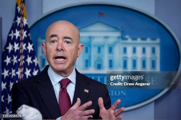 Secretary of Homeland Security Alejandro Mayorkas speaks during the daily press briefing at the White House on March 1, 2021 in Washington, DC....