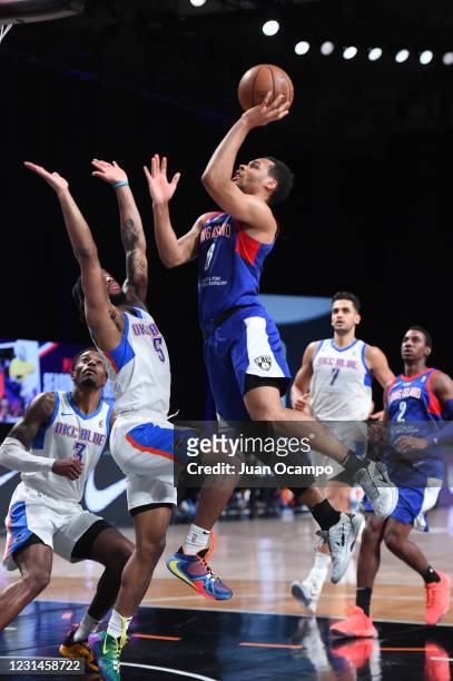 Elie Okobo of the Long Island Nets goes to the basket against the Oklahoma City Blue on March 1, 2021 at AdventHealth Arena in Orlando, Florida. NOTE...
