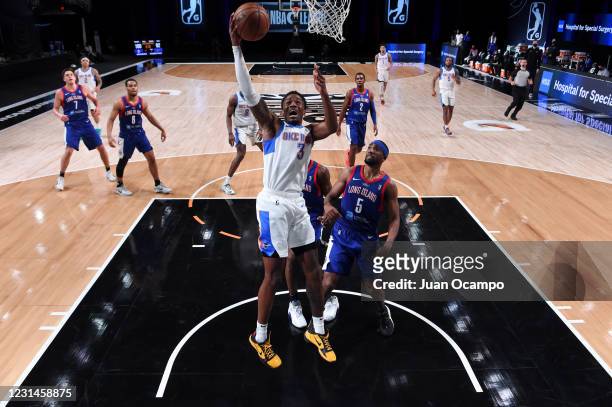 Antonius Cleveland of the Oklahoma City Blue goes to the basket against the Long Island Nets on March 1, 2021 at AdventHealth Arena in Orlando,...