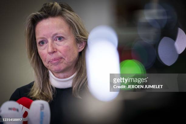 Dutch Interior minister Kajsa Ollongren answers journalists' questions as he arrives for the Security Council in Utrecht, on March 1, 2021. - The...