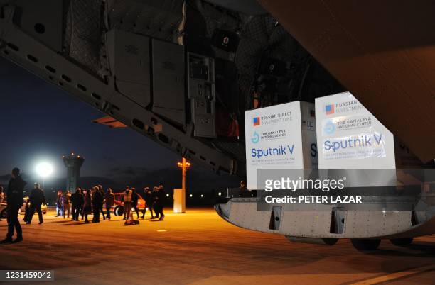 An aircraft of the Slovak Army carrying doses of the Sputnik V vaccine against the coronavirus stands on the tarmac upon arrival from Moscow, at the...