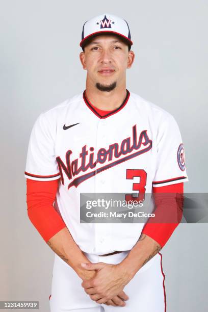 Hernán Pérez of the Washington Nationals poses during Photo Day on Friday, February 26, 2021 at the The Ballpark of the Palm Beaches in West Palm...