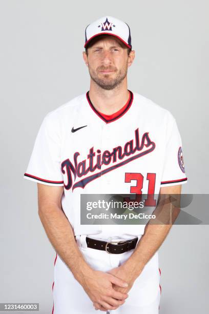 Max Scherzer of the Washington Nationals poses during Photo Day on Friday, February 26, 2021 at the The Ballpark of the Palm Beaches in West Palm...