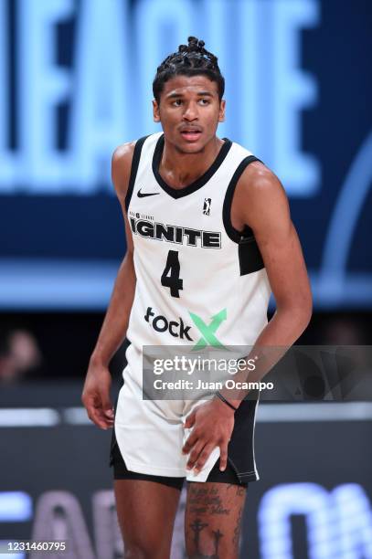 Jalen Green of Team Ignite looks on during the game against the Delaware Blue Coats on March 1, 2021 at AdventHealth Arena in Orlando, Florida. NOTE...