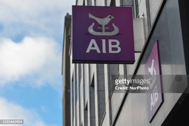 An AIB logo seen in Dublin city center during Level 5 COVID-19 lockdown. Bank of Ireland is due to close 103 branches across Island of Ireland as the...