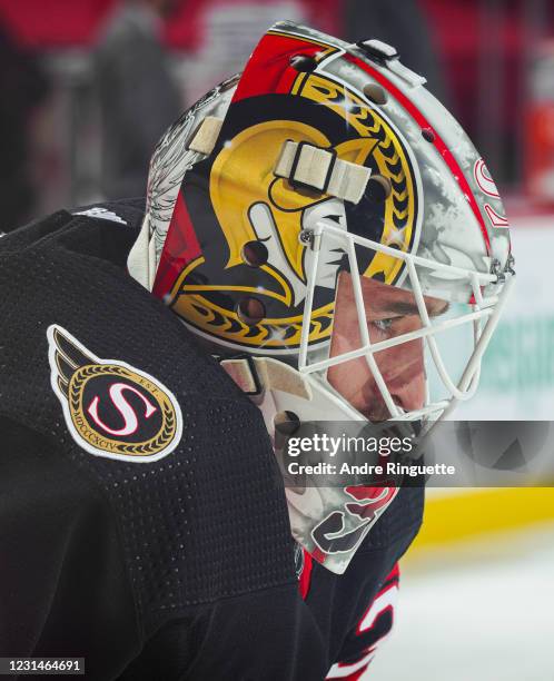 Matt Murray of the Ottawa Senators warms up prior to a game against the Calgary Flames at Canadian Tire Centre on March 1, 2021 in Ottawa, Ontario,...