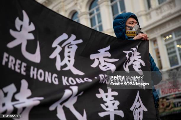 Hong Kong supporter wearing a gas mask holds a banned protest flag saying Free Hong Kong, Revolution Now during the protest. About 50 Hong Kong...