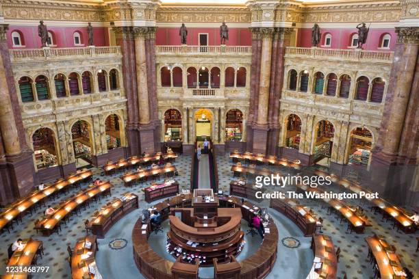 An interior view of the Main Reading Room from an overlook at the Library of Congress Thomas Jefferson Building is shown on Wednesday, August 12,...