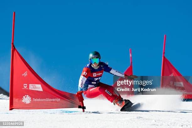 Patrizia Kummer of Switzerland during the Women's Parallel Slalom qualification at the FIS Snowboard Alpine World Championships on March 2, 2021 in...