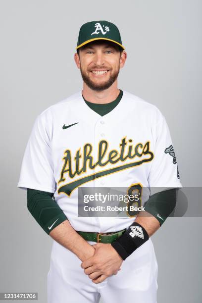 Jed Lowrie of the Oakland Athletics poses during Photo Day on Friday, February 26, 2021 at Hohokam Stadium in Phoenix, Arizona.