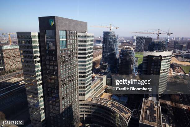 The ABN Amro NV headquarter complex near other skyscrapers and hi-rise buildings in the Zuidas business district in Amsterdam, Netherlands, on...