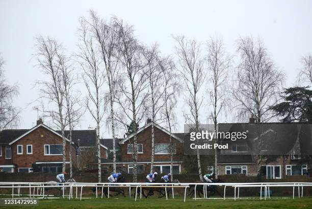 Runners and riders in the Every Race Live On Racing TV Mares' Handicap Chase at Leicester Racecourse on March 2, 2021 in Leicester, England.