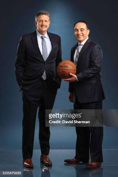 Chris Finch, head coach of the Minnesota Timberwolves, and Gersson Rosas pose for a portrait on March 1, 2021 at the Minnesota Timberwolves and Lynx...