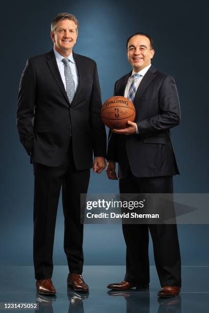 Chris Finch, head coach of the Minnesota Timberwolves, and Gersson Rosas pose for a portrait on March 1, 2021 at the Minnesota Timberwolves and Lynx...