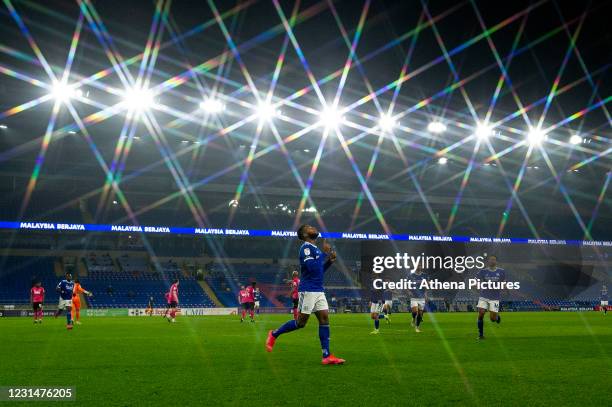 Leandro Bacuna of Cardiff City celebrates scoring the opening goal during the Sky Bet Championship match between Cardiff City and Derby County at the...