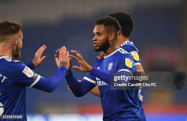 Leandro Bacuna of Cardiff City FC celebrates scoring the opening goal during the Sky Bet Championship match between Cardiff City and Derby County at...