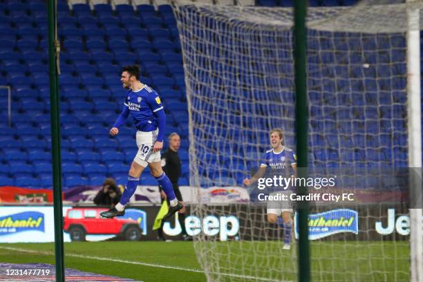 Kieffer Moore celebrates scoring the second goal for Cardiff City FC during the Sky Bet Championship match between Cardiff City and Derby County at...
