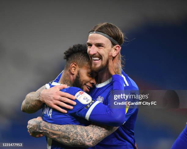 Leandro Bacuna and teammates of Cardiff City FC celebrate during the Sky Bet Championship match between Cardiff City and Derby County at Cardiff City...