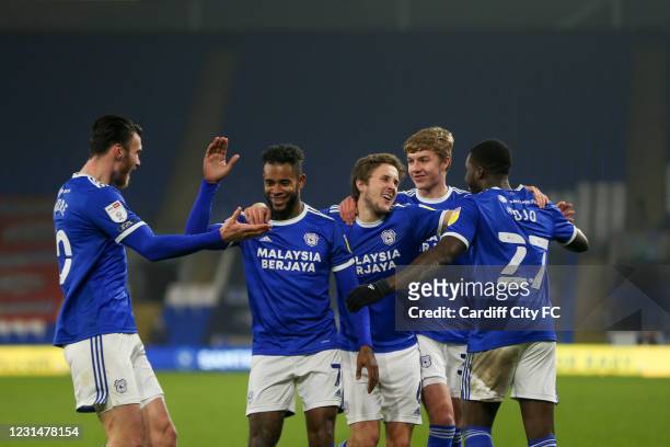 Leandro Bacuna celebrates scoring the third goal for Cardiff City FC during the Sky Bet Championship match between Cardiff City and Derby County at...