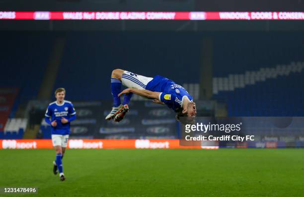 Will Vaulks celebrates the fourth goal for Cardiff City FC during the Sky Bet Championship match between Cardiff City and Derby County at Cardiff...